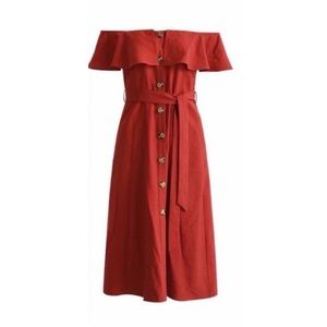 ZARA Off the Shoulder Button Up Linen Midi Dress